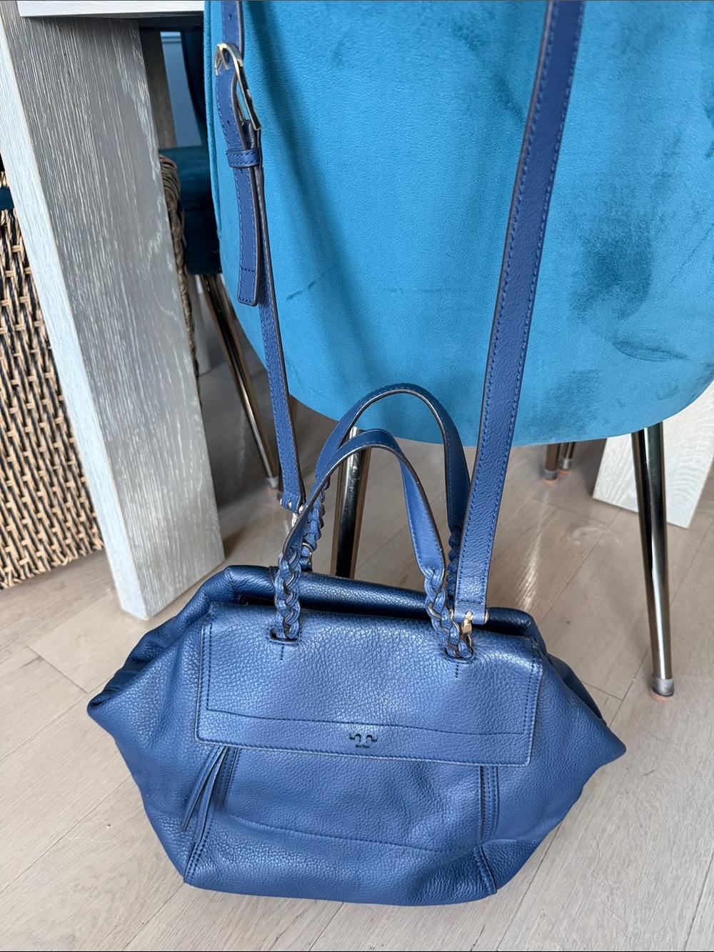 Tory Burch Blue Pebbled Leather Shoulder Tote
